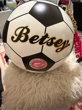 Betsey Johnson White & Black Soccer Ball Crossbody Bag with Pink Charm